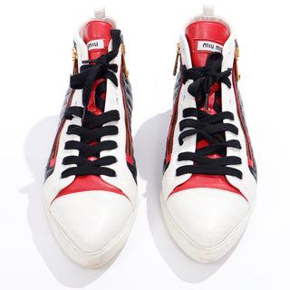 Miu Miu Red White & Black Pointed Toe High Top Nappa Biker Sneakers with box
