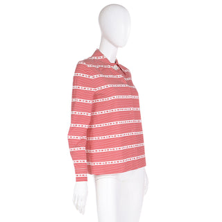 2015 Miu Miu Red & White Print Cotton Long Sleeve Runway Shirt Size 40