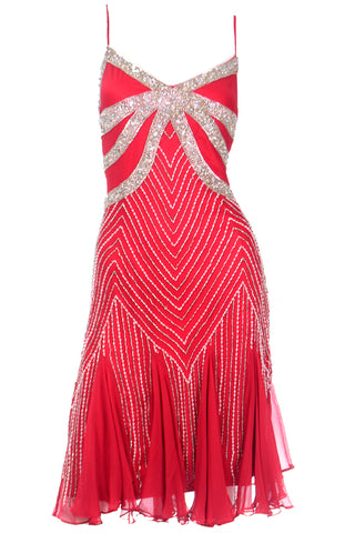1990s Beaded Red Evening Dress W Rhinestones & Handkerchief Hem