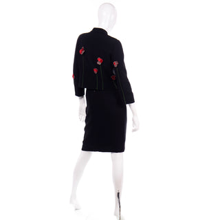 Vintage Moschino 2pc Black Skirt Suit W Red Flower Applique Floral 1990s