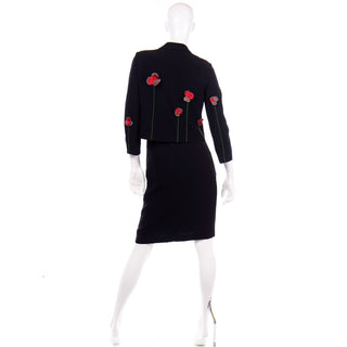Floral Vintage Moschino 2pc Black Skirt Suit W Red Flower Applique