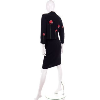 Vintage Moschino 2pc Black Skirt Suit W Red Flower Applique 1990s Franco