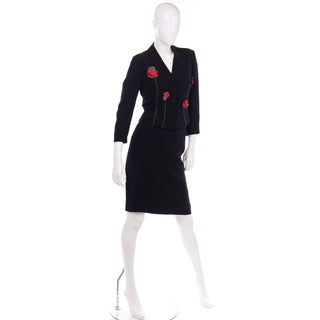 Vintage Moschino 2pc Black Skirt Suit W Red Flower Applique 90s