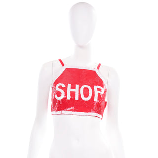 2016 Moschino Couture Shop Stop Sign Red & White Sequin Runway Crop Top