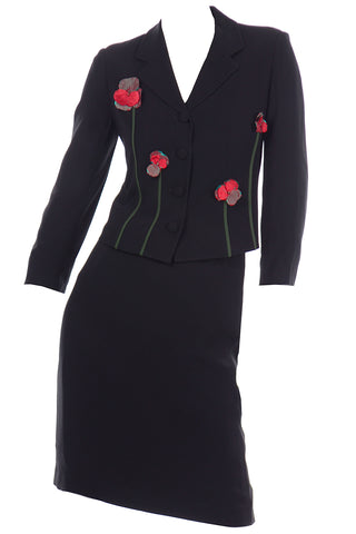 Vintage Moschino 2pc Black Skirt Suit W Red Flower Applique