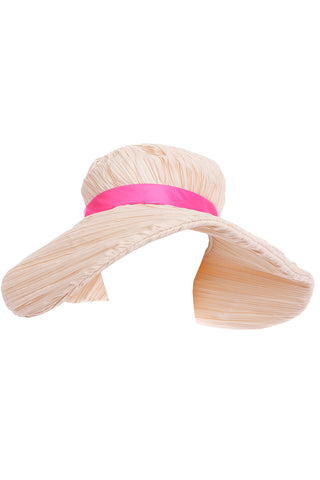 1960s Mr John Vintage Pleated Cream Floppy Hat with Bright  Pink Ribbon
