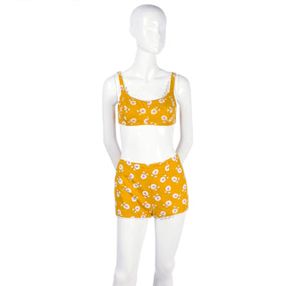 ﻿1960s Mustard Yellow Floral Two Piece Swimsuit or Playsuit
