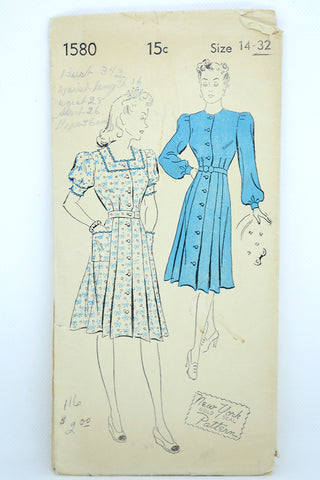 vintage 1940s New York 1580 Dress Pattern