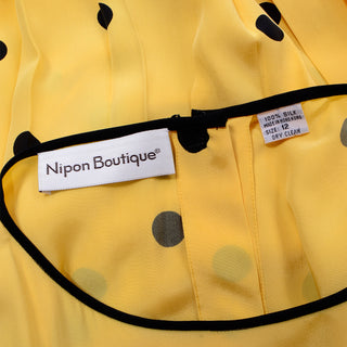 Nipon Boutique Vintage Yellow and Black Polka Dot Silk Dress 100% silk