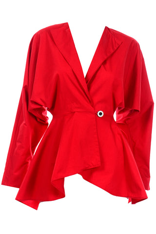 Norma Kamali Vintage Red Cotton Cinched Waist Peplum Jacket