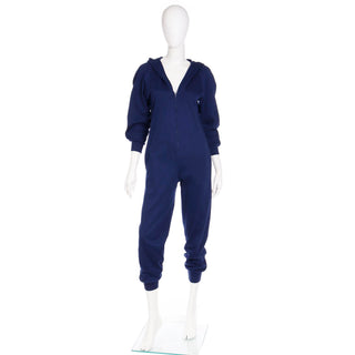 1980s Vintage Early Norma Kamali Blue Stretch Knit Hooded Jumpsuit 