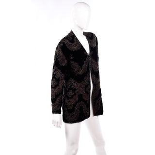 1980s Oleg Cassini Black Tie Vintage Silk Beaded Black & Brown Evening Jacket Top