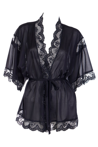 1960s Olga Black Lace Trimmed Short Robe or Top w Belt