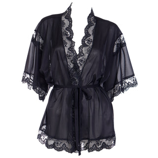 1960s Olga Black Lace Trimmed Short Robe or Top w Belt S Frivolous Fancies