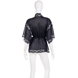 1960s Olga Black Lace Trimmed Short Robe or Top w Belt S/M