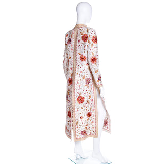 1990s Oscar de la Renta Colorful Embroidered Floral Open Front Coat Silk Fabric