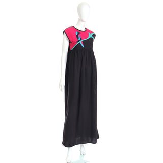 1980s Oscar de la Renta Black Pink & Blue Cotton Maxi W Bird Applique Dress