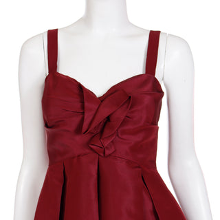 2000s Oscar de la Renta Burgundy Red Silk Evening Dress with rosette