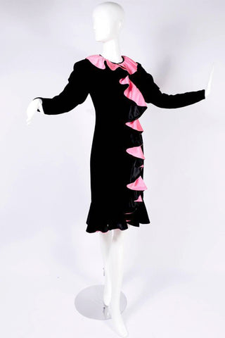 1980s Oscar de la Renta Vintage Dress Black Velvet w/ Pink Satin Ruffles