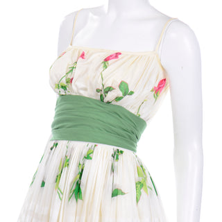 Vintage Pat Premo Dress With Full Skirt Pink Roses and Green Sash