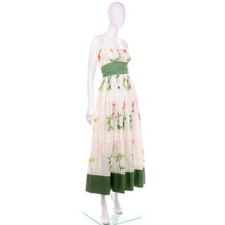 1950s Cotton Vintage Pat Premo Dress With Full Skirt Pink Roses and Green Sash