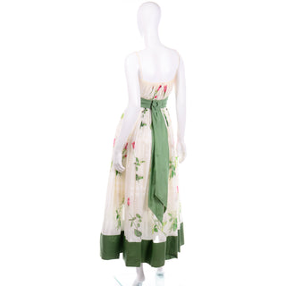 Vintage Pat Premo Dress With Full Skirt Pink Roses and Green Sash 1950s Cotton Voile