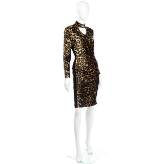 Patrick Kelly F/W 1989 Leopard Print Keyhole Bodycon Vintage Dress Size 10 Made in France