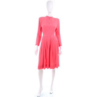 1970s Pauline Trigere Salmon Pink Dress w/ Keyhole Slit & Pleated Skirt