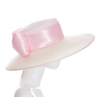 Wide Brim 1980s Peter Bettley London Vintage Cream Hat w Pink Ribbon & Bow