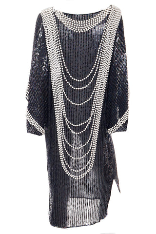 1980s Pierre Cardin Attr Vintage Beaded Black Dress W Draped Ivory Pearls
