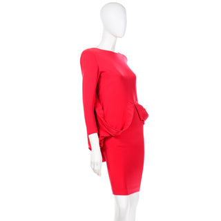 1980s Pierre Cardin Vintage Red Silk Dress With Low Plunging Draped Back Unique designer dres