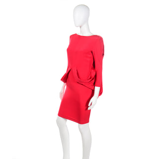 1980s Pierre Cardin Vintage Red Silk Dress With Low Plunging Draped Back XS S