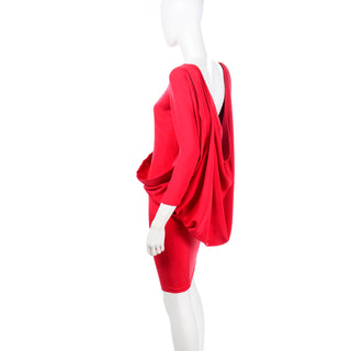 1980s Pierre Cardin Vintage Red Silk Dress With Low Plunging Draped Back 0/2