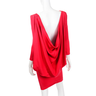 1980s Pierre Cardin Vintage Red Silk Dress With Low Plunging Draped Back Sz 2