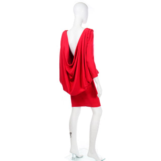 1980s Pierre Cardin Vintage Red Silk Dress w Dramatic Plunging Draped Back 
