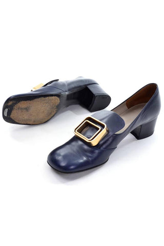 1960s Pierre Cardin Navy Blue Leather Pilgrim Shoes w/ Gold Buckles