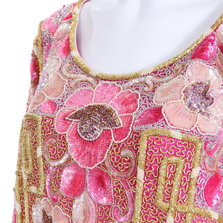 1980s Heavily Beaded Vintage Hot Pink Caftan with Beads and Sequins Floral pattern 