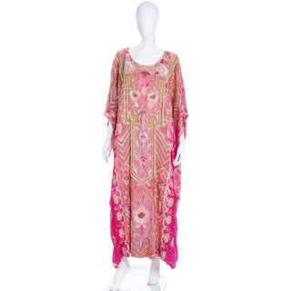1980s Heavily Beaded Vintage Hot Pink Caftan with Beads and Sequins Floral