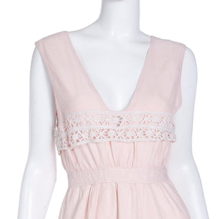 Pink Edwardian Vintage Linen and Lace Long Dress Dress With V Neck