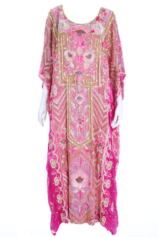 1980s Heavily Beaded Vintage Hot Pink Caftan with Beads and Sequins