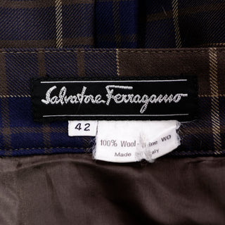 Salvatore Ferragamo Pleated Brown & Blue Plaid Midi Skirt