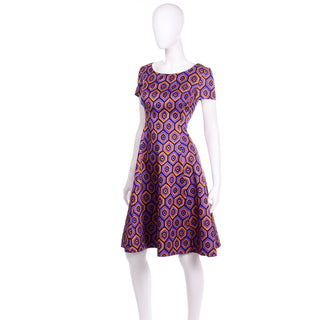 Prada Silk Blend Purple & Orange Hexagon Print Dress With full skirt