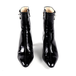 Prada Black Patent Leather Boots W Cone Heels & Silver Buckles Size 8.5