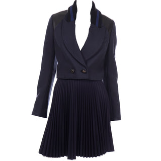 Proenza Schouler Navy Blue 2 Pc Pleated Skirt & Ribbed Jacket Suit