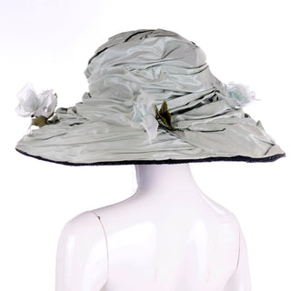 Rachel Trevor Morgan London Wide Brim Sage Green Silk Hat W/ Flowers