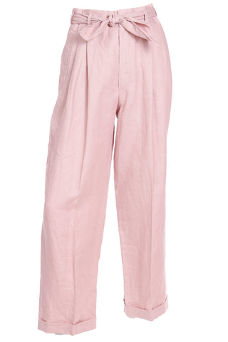 1980s Ralph Lauren Mauve Pink Linen High Waisted Trousers w Tie Sash Belt