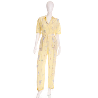 1980s Ralph Lauren Silk High Waisted Pants & Blouse Outfit in Yellow Golfers Print 