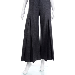 Rare Pierre Cardin 1970s Grey Wool Wide Leg Pants & Vest Top Pantsuit dramatic pleating