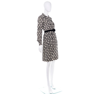 Rare Vintage Valentino 1960s Knit Dress Brown & White Diamond Print