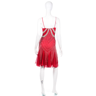 1990s Beaded Red Evening Dress W Rhinestones & Handkerchief Hem heavily beaded